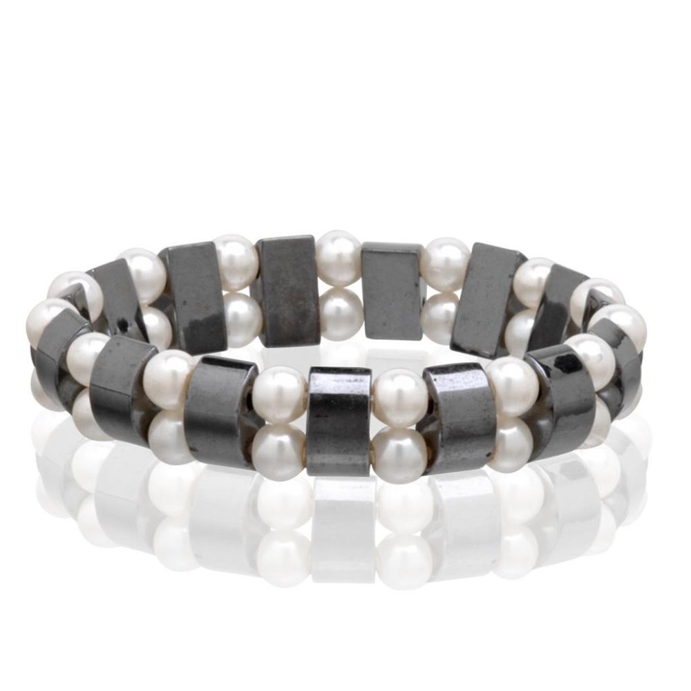 Pearl Magnetic Hematite Bracelet, Beaded Gemstone Stretchable Bracelet